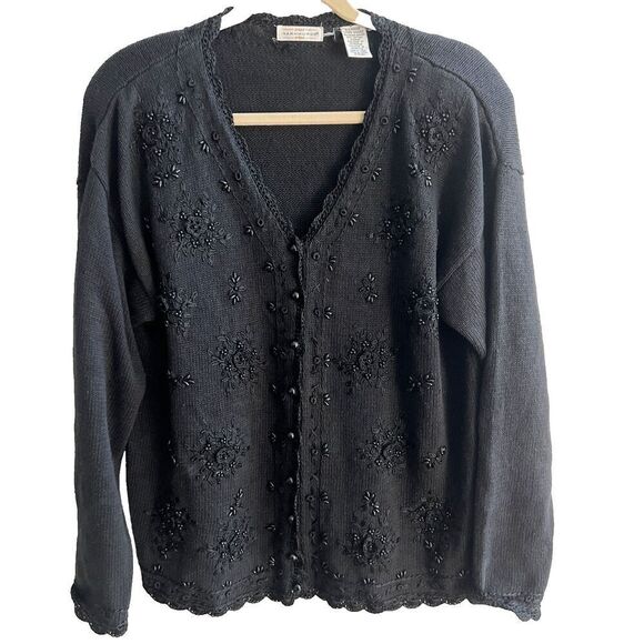 YarnWorks Sweaters - Vtg Black Knit Sweater Grandma Beaded Embroidery Flowers XL Grandma Yarnworks